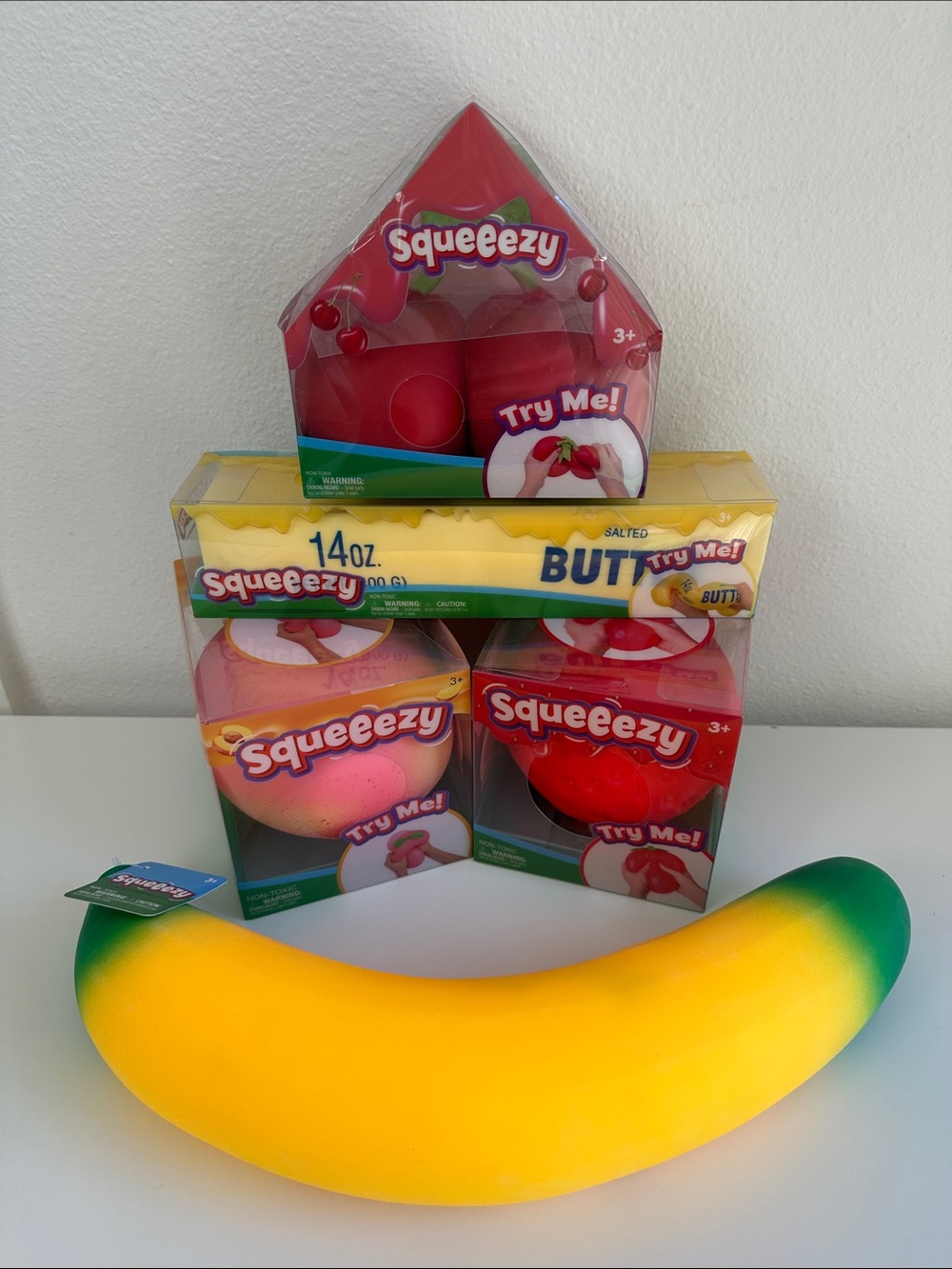 SQUEEEZY Giant Butter, Peach, Strawberry, Cherries, & Banana Squishes/Sunny Days